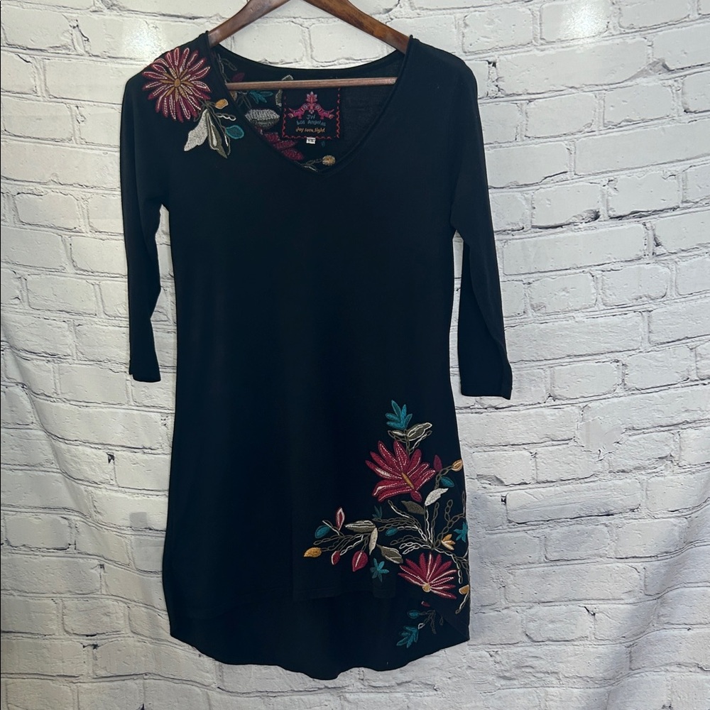 Johnny Was Black Floral Embroidery Long Sleeve High Low Dress Size X-Small